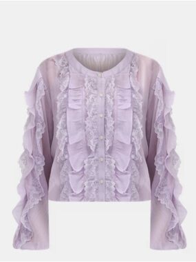 LOFT Lavender Ruffle Lace Button-Front Blouse
